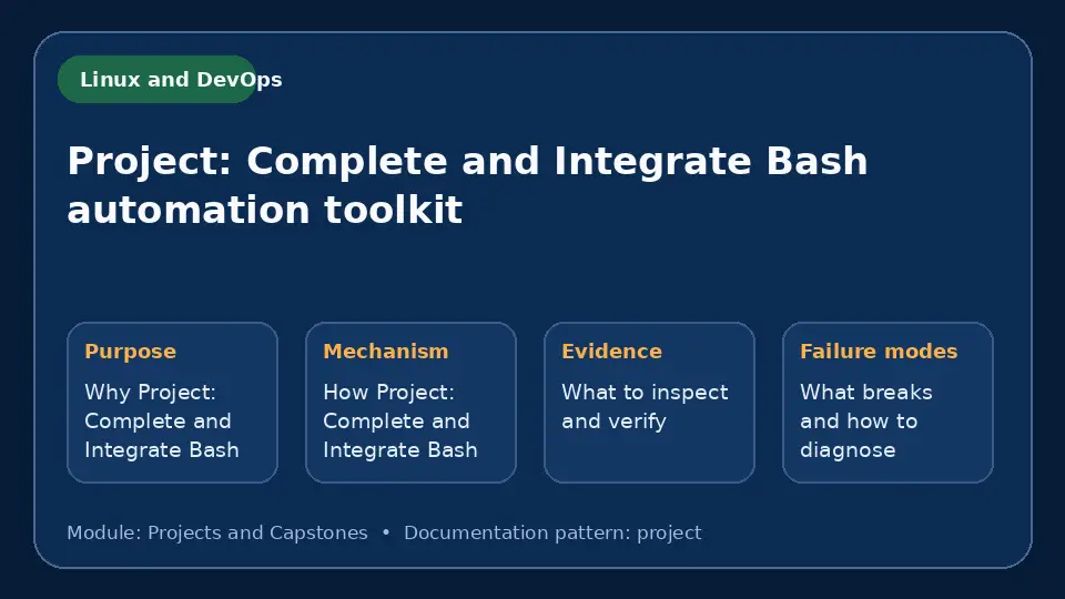 Concept map for Project: Complete and Integrate Bash automation toolkit showing purpose, mechanism, verification evidence and failure modes.