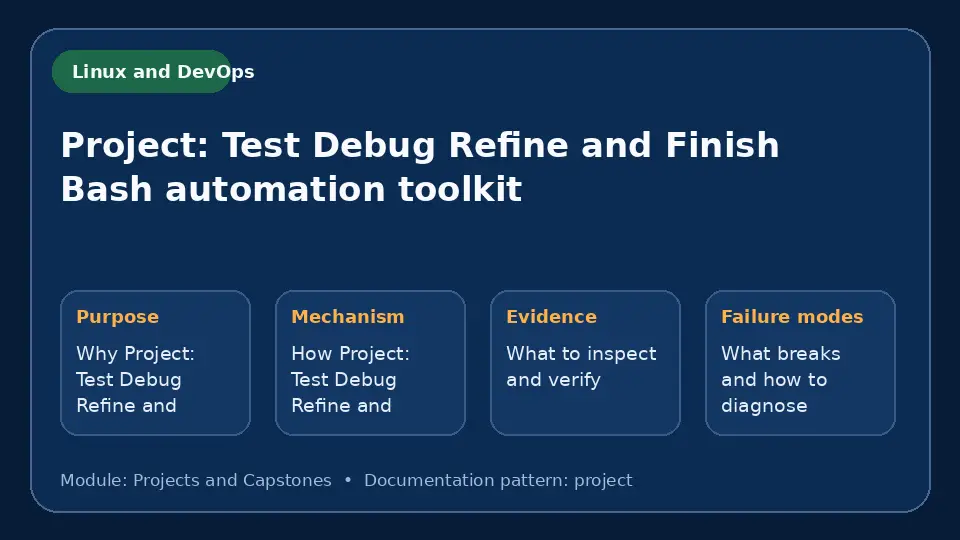 Concept map for Project: Test Debug Refine and Finish Bash automation toolkit showing purpose, mechanism, verification evidence and failure modes.