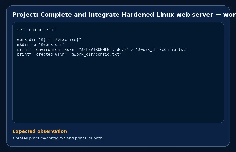 Code example for Project: Complete and Integrate Hardened Linux web server with the expected observation.