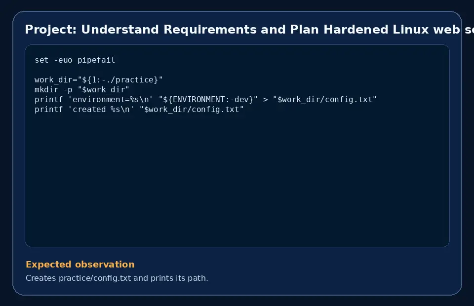 Code example for Project: Understand Requirements and Plan Hardened Linux web server with the expected observation.