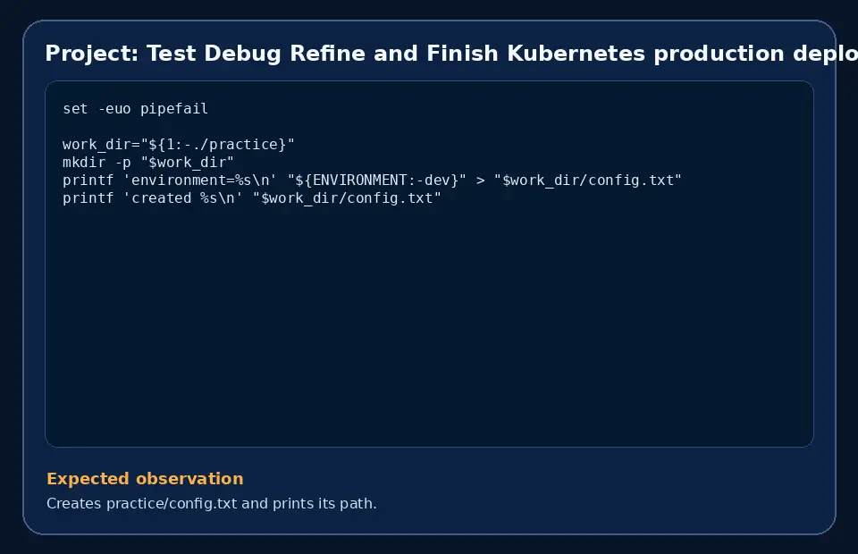 Code example for Project: Test Debug Refine and Finish Kubernetes production deployment with the expected observation.