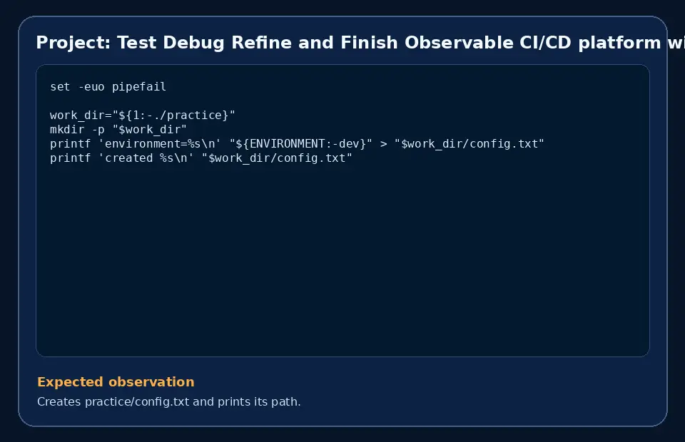 Code example for Project: Test Debug Refine and Finish Observable CI/CD platform with SLOs with the expected observation.