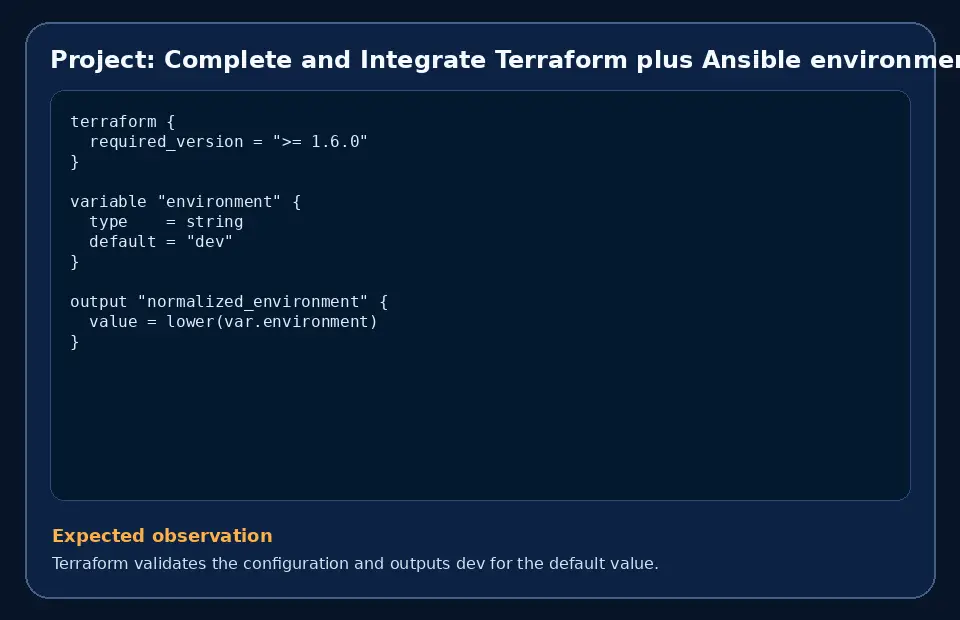 Code example for Project: Complete and Integrate Terraform plus Ansible environment with the expected observation.