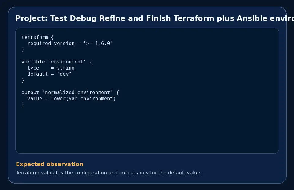 Code example for Project: Test Debug Refine and Finish Terraform plus Ansible environment with the expected observation.