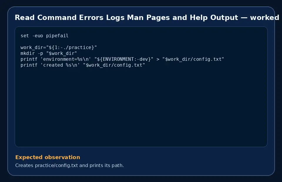 Code example for Read Command Errors Logs Man Pages and Help Output with the expected observation.