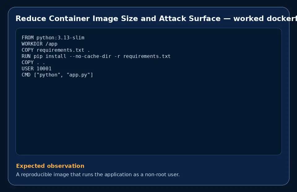 Code example for Reduce Container Image Size and Attack Surface with the expected observation.