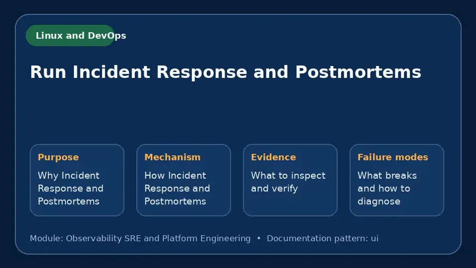 Concept map for Run Incident Response and Postmortems showing purpose, mechanism, verification evidence and failure modes.