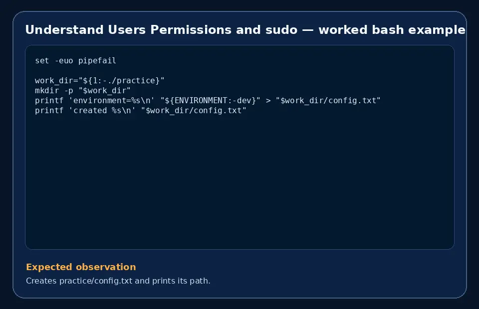 Code example for Understand Users Permissions and sudo with the expected observation.
