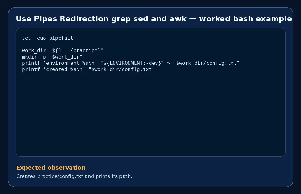 Code example for Use Pipes Redirection grep sed and awk with the expected observation.