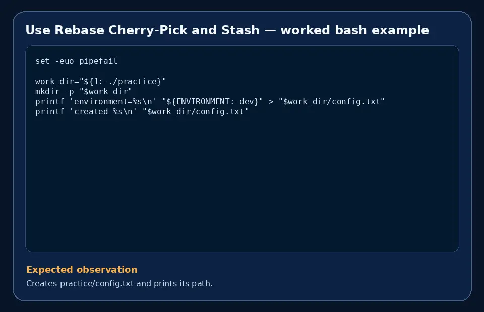 Code example for Use Rebase Cherry-Pick and Stash with the expected observation.