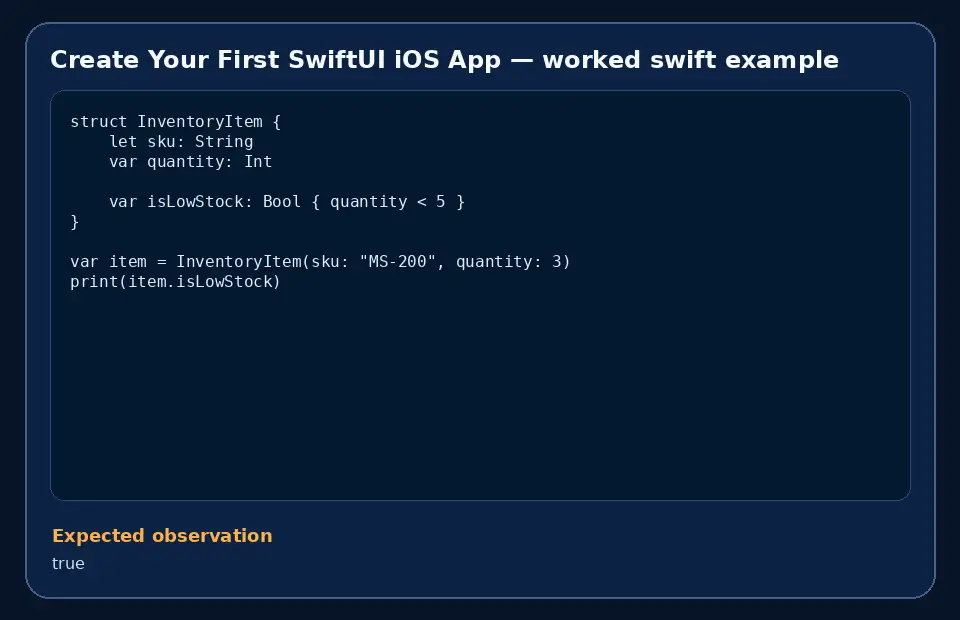 Code example for Create Your First SwiftUI iOS App with the expected observation.