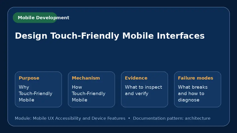 Concept map for Design Touch-Friendly Mobile Interfaces showing purpose, mechanism, verification evidence and failure modes.