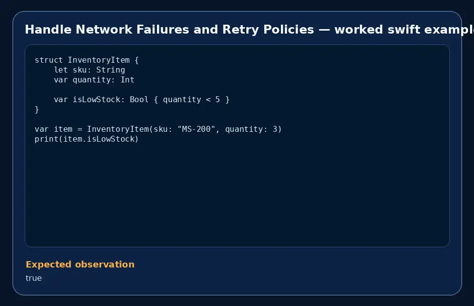 Code example for Handle Network Failures and Retry Policies with the expected observation.