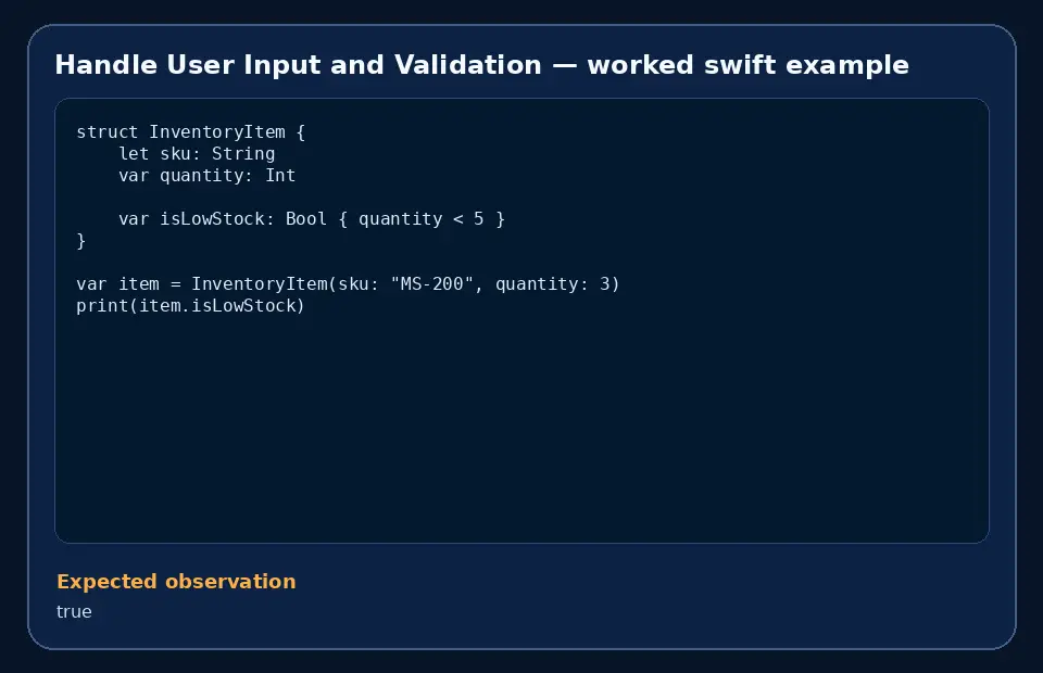 Code example for Handle User Input and Validation with the expected observation.