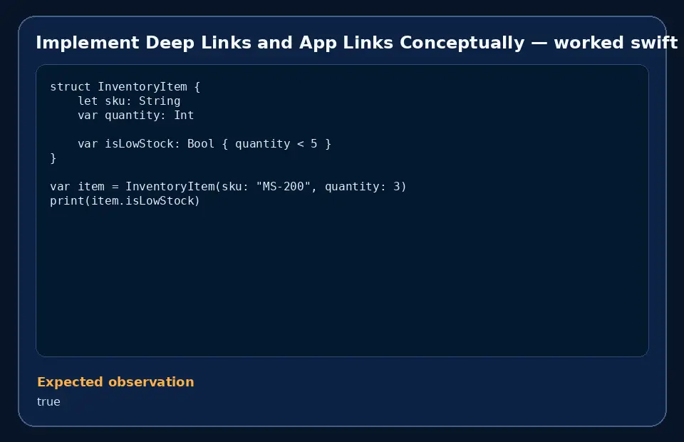Code example for Implement Deep Links and App Links Conceptually with the expected observation.