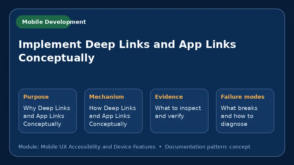 Concept map for Implement Deep Links and App Links Conceptually showing purpose, mechanism, verification evidence and failure modes.