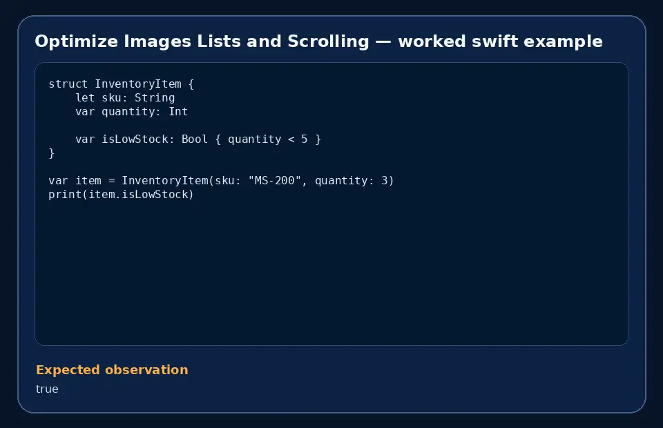 Code example for Optimize Images Lists and Scrolling with the expected observation.
