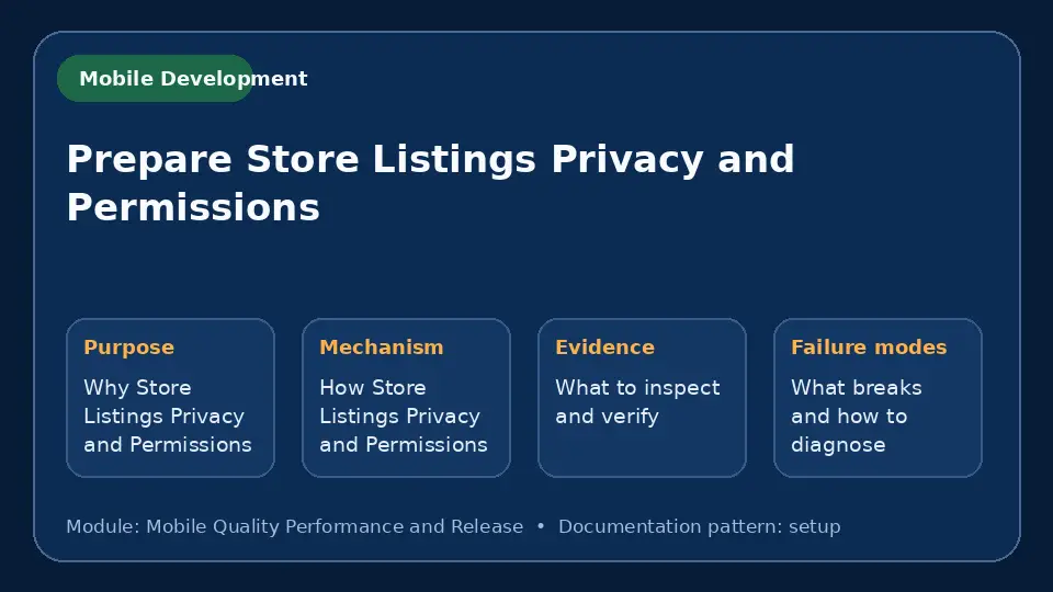 Concept map for Prepare Store Listings Privacy and Permissions showing purpose, mechanism, verification evidence and failure modes.