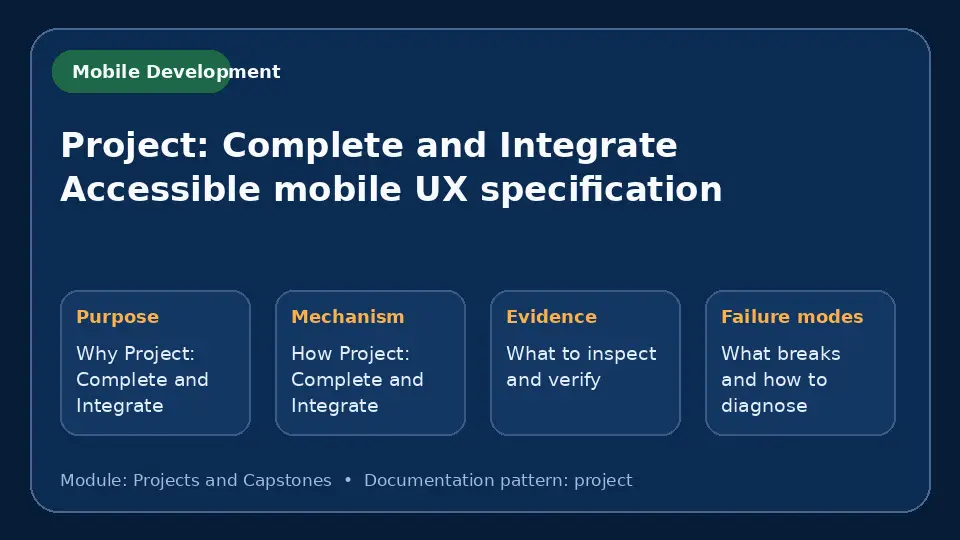 Concept map for Project: Complete and Integrate Accessible mobile UX specification showing purpose, mechanism, verification evidence and failure modes.