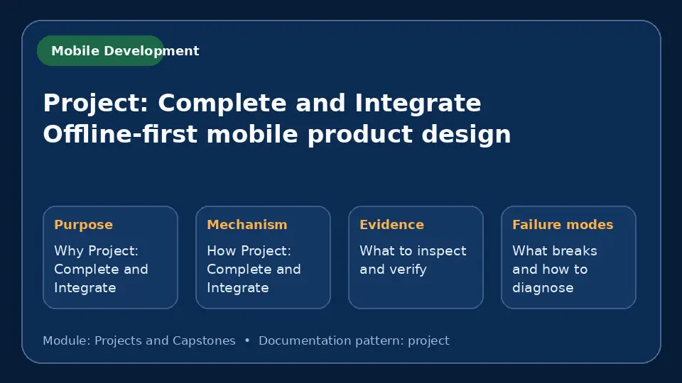 Concept map for Project: Complete and Integrate Offline-first mobile product design showing purpose, mechanism, verification evidence and failure modes.