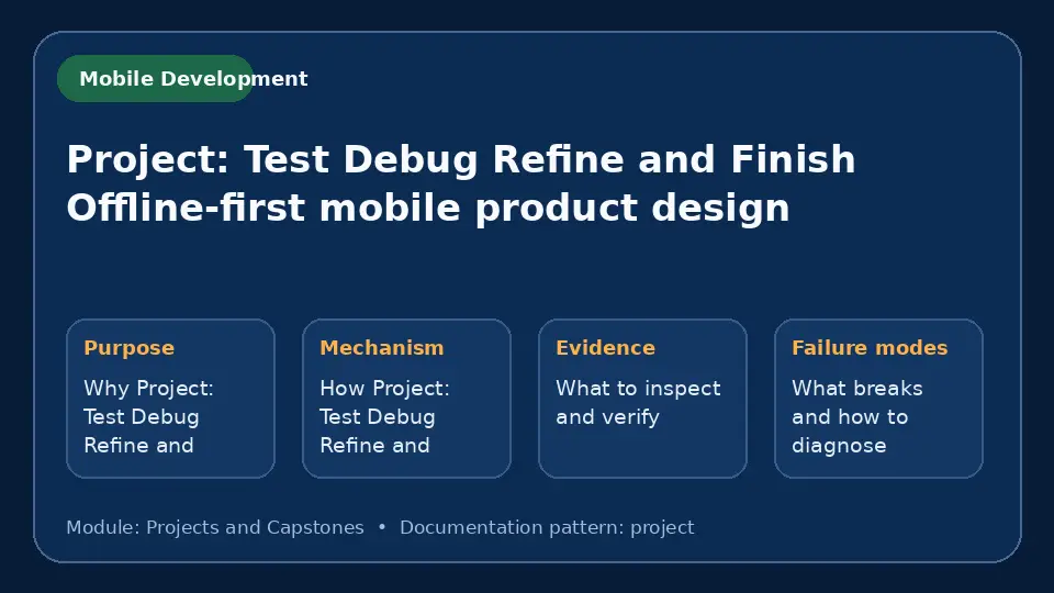 Concept map for Project: Test Debug Refine and Finish Offline-first mobile product design showing purpose, mechanism, verification evidence and failure modes.