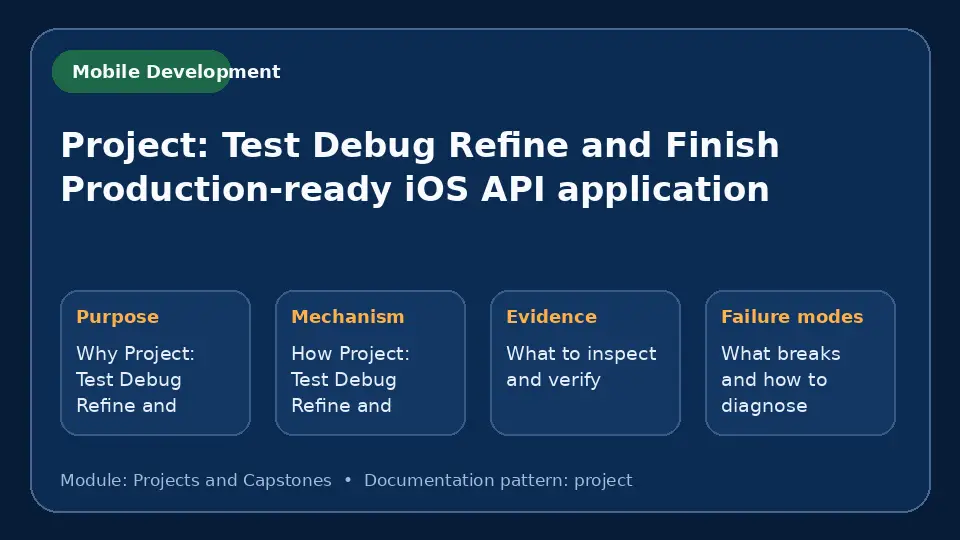 Concept map for Project: Test Debug Refine and Finish Production-ready iOS API application showing purpose, mechanism, verification evidence and failure modes.