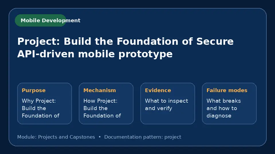 Concept map for Project: Build the Foundation of Secure API-driven mobile prototype showing purpose, mechanism, verification evidence and failure modes.
