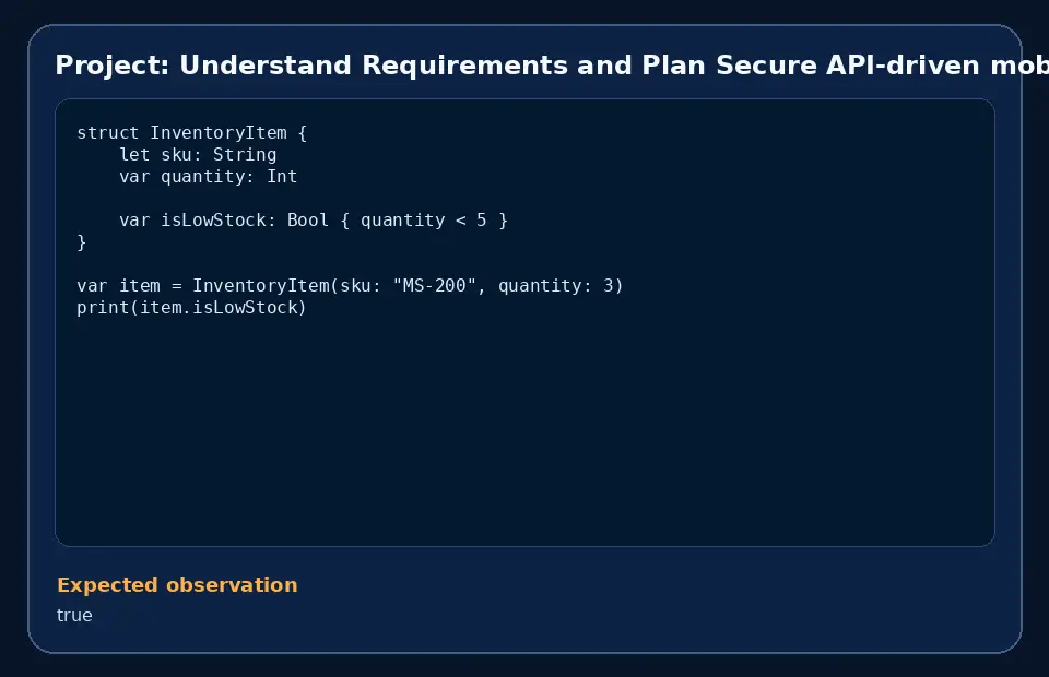 Code example for Project: Understand Requirements and Plan Secure API-driven mobile prototype with the expected observation.
