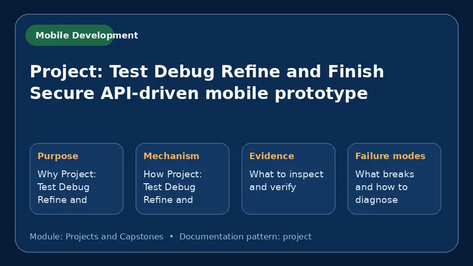 Concept map for Project: Test Debug Refine and Finish Secure API-driven mobile prototype showing purpose, mechanism, verification evidence and failure modes.