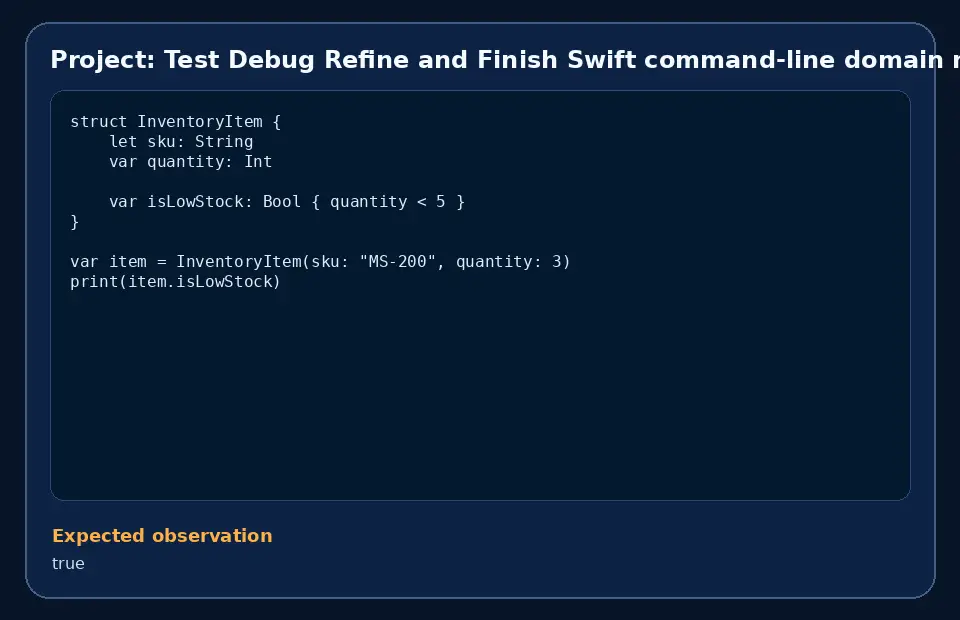 Code example for Project: Test Debug Refine and Finish Swift command-line domain model with the expected observation.