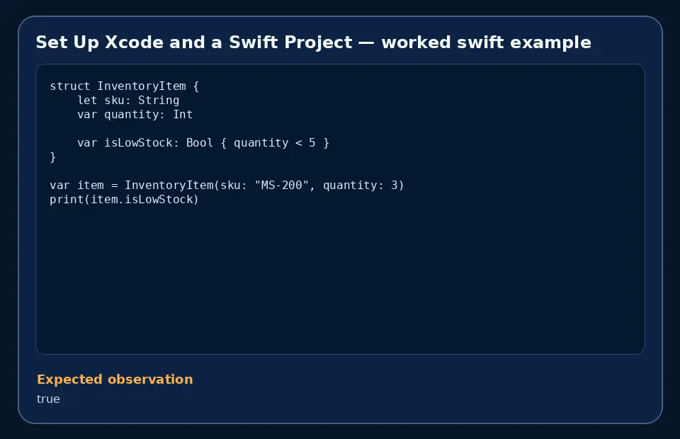 Code example for Set Up Xcode and a Swift Project with the expected observation.