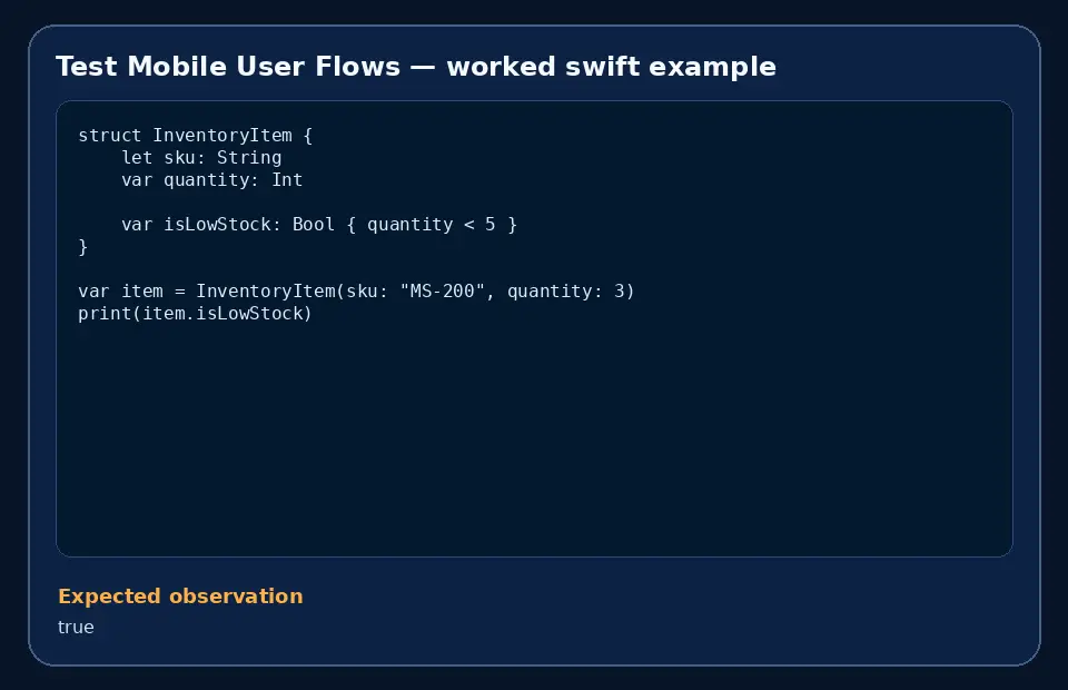 Code example for Test Mobile User Flows with the expected observation.