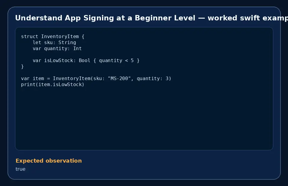 Code example for Understand App Signing at a Beginner Level with the expected observation.