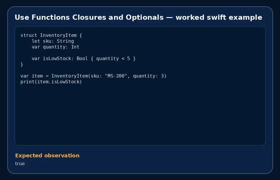 Code example for Use Functions Closures and Optionals with the expected observation.