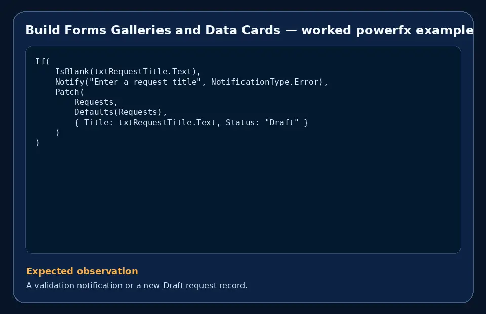 Code example for Build Forms Galleries and Data Cards with the expected observation.