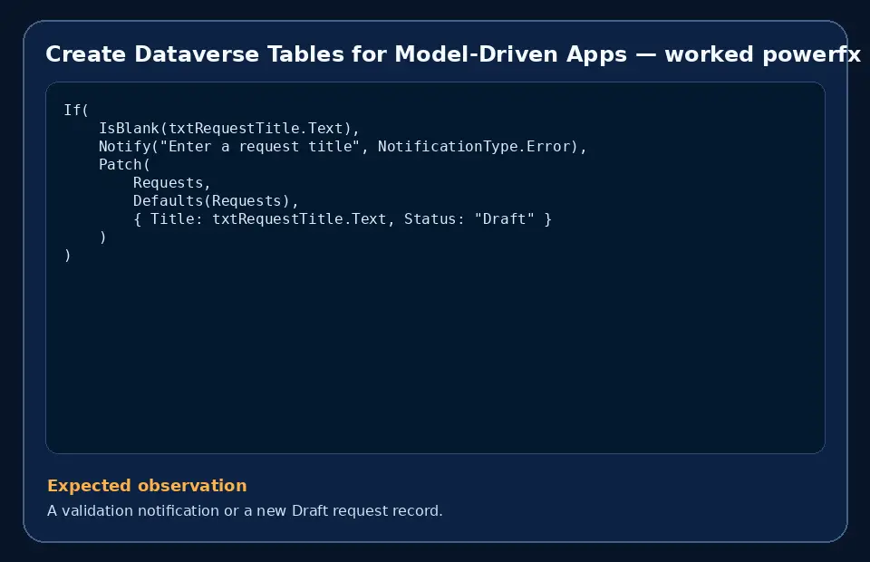 Code example for Create Dataverse Tables for Model-Driven Apps with the expected observation.