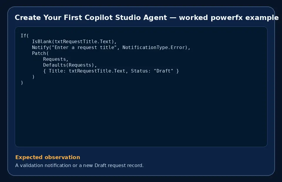 Code example for Create Your First Copilot Studio Agent with the expected observation.