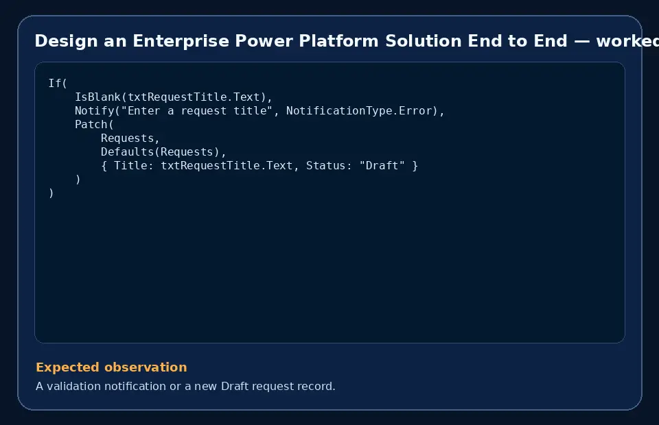 Code example for Design an Enterprise Power Platform Solution End to End with the expected observation.