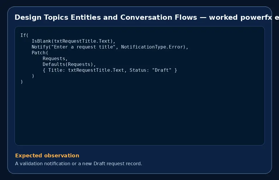 Code example for Design Topics Entities and Conversation Flows with the expected observation.