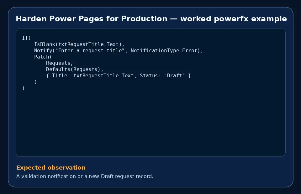 Code example for Harden Power Pages for Production with the expected observation.