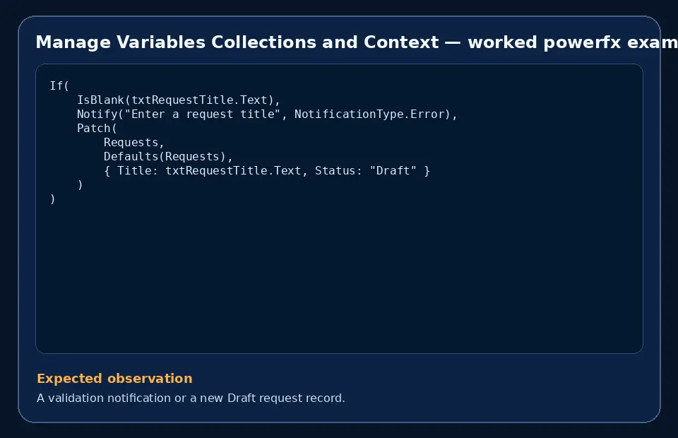 Code example for Manage Variables Collections and Context with the expected observation.