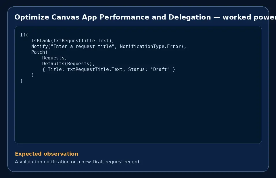 Code example for Optimize Canvas App Performance and Delegation with the expected observation.