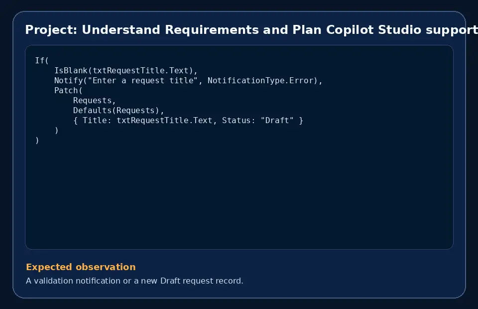 Code example for Project: Understand Requirements and Plan Copilot Studio support agent with the expected observation.