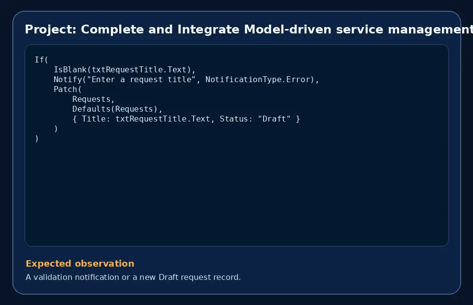 Code example for Project: Complete and Integrate Model-driven service management app with the expected observation.