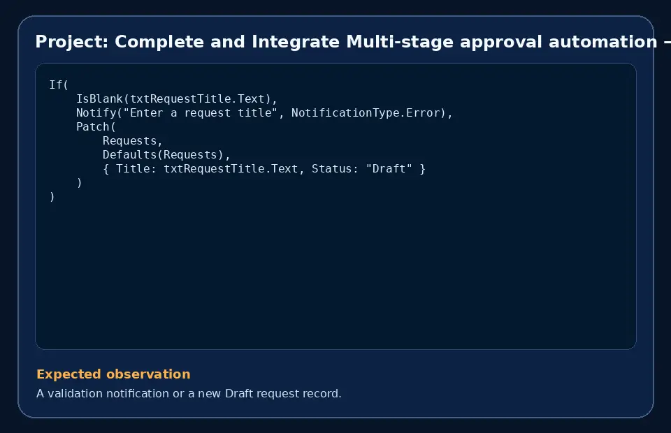 Code example for Project: Complete and Integrate Multi-stage approval automation with the expected observation.