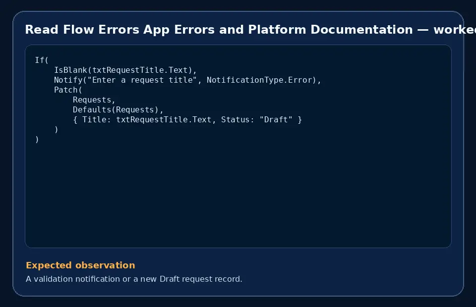 Code example for Read Flow Errors App Errors and Platform Documentation with the expected observation.