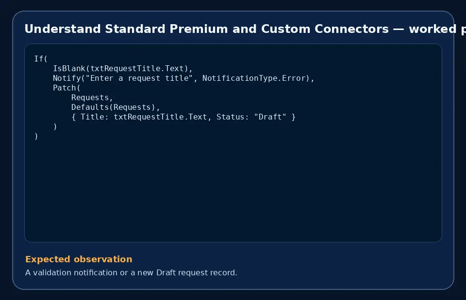 Code example for Understand Standard Premium and Custom Connectors with the expected observation.