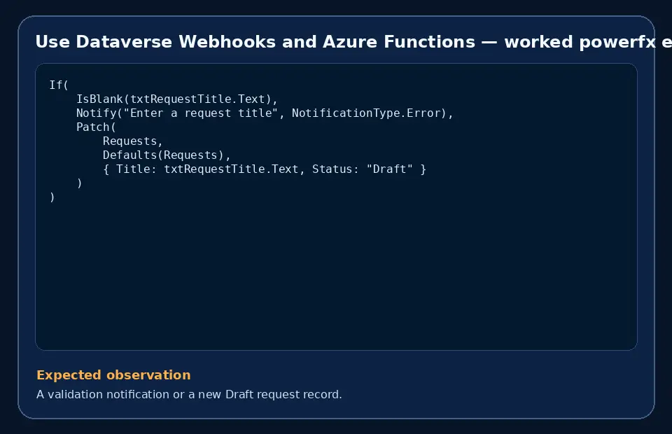 Code example for Use Dataverse Webhooks and Azure Functions with the expected observation.