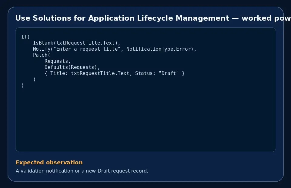 Code example for Use Solutions for Application Lifecycle Management with the expected observation.
