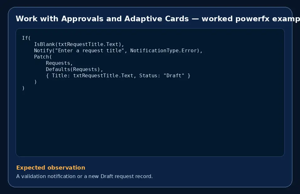Code example for Work with Approvals and Adaptive Cards with the expected observation.